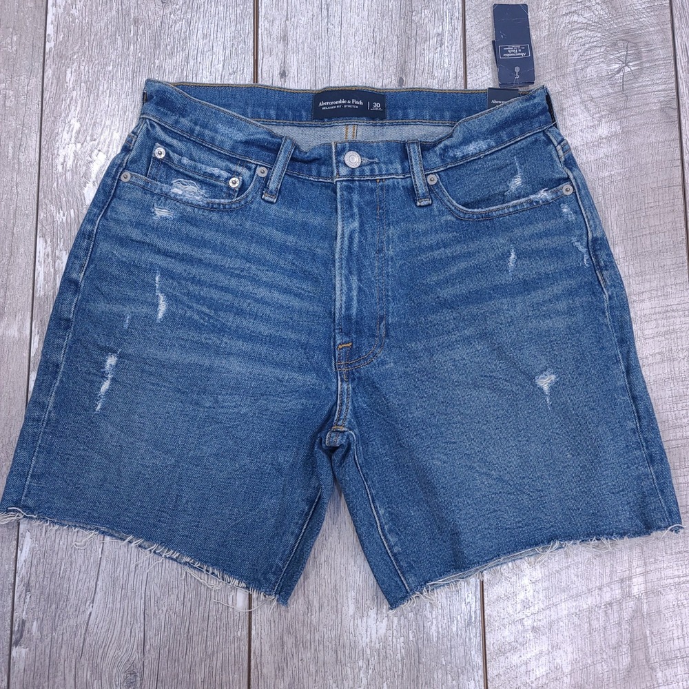 Abercrombie & Fitch Denim Shorts Mens 30 Blue Relaxed Fit Distressed Cutoff